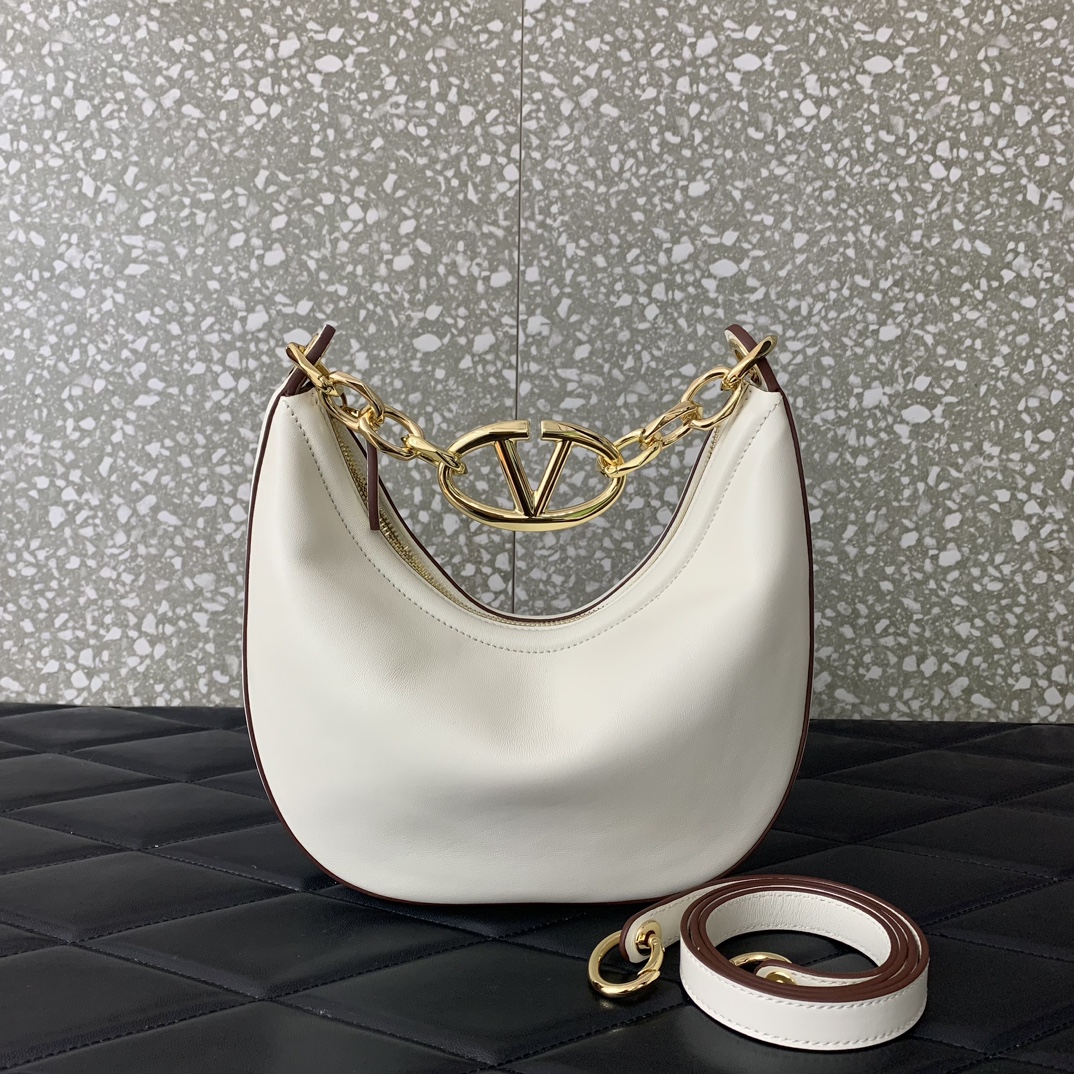 Valentino Garavani VLogo Moon Mini Hobo Bag in Ivory Nappa Leather